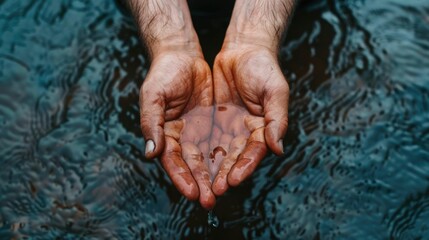 Fototapeta premium Close up view of a human hand holding contaminated water symbolizing the environmental crisis and public health concerns posed by water pollution parasites and other sources of water borne infections