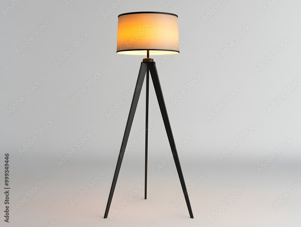 Poster sleek and minimalist tripod floor lamp with soft diffused lighting on clean white studio backdrop