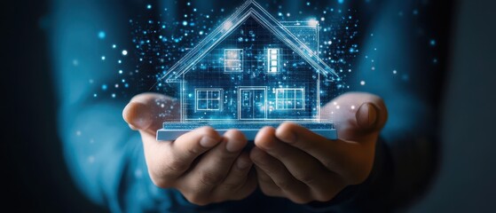 Broker holding a house model, with digital equity projections and loan details in the air, blending finance and real estate themes