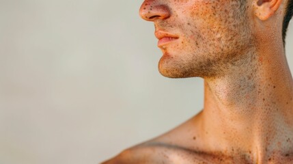 Detailed close up portrait showing skin manifestations of a parasitic infection with a rash irritation and uneven texture on the face
