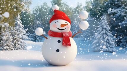 Fototapeta premium A cheerful snowman wearing a red hat and scarf juggles snowballs in a snowy forest.