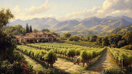 Naklejka premium Vineyard Landscape with a Farmhouse in the Italian Countryside