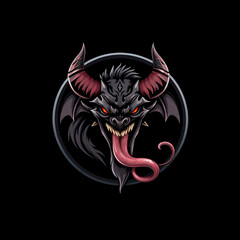 Dark demon head with sharp fangs and long tongue illustration