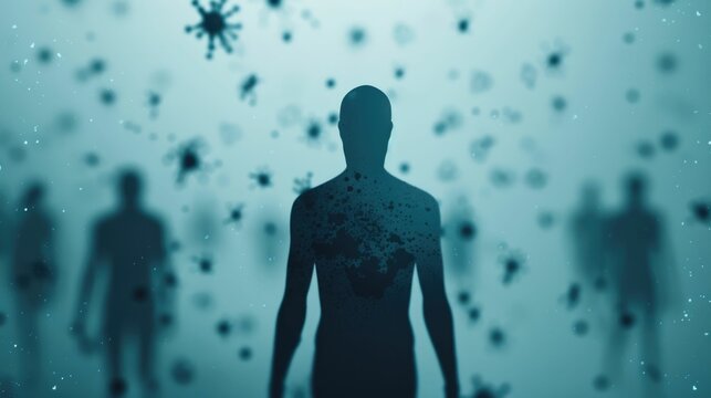 Surreal digital depicting the silhouetted figure of a human being overtaken and consumed by a spreading parasitic infection or infestation in a dark