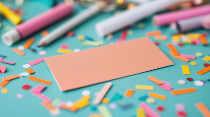 Business card on colorful confetti background.