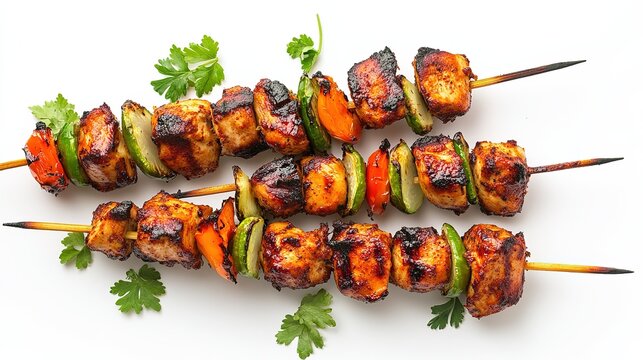 Skewer bar b q tikka Grilled chicken with vegetable on wooden sticks isolated on white background close up view 