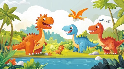 Cartoon Dinosaurs Playing by a Lake in a Lush Tropical Jungle