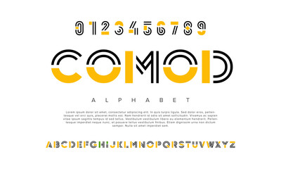Comod creative modern geometric urban alphabet font. Digital abstract futuristic, game, techno, robot, music, logo, sport, minimal technology typography. Simple numeric vector illustration