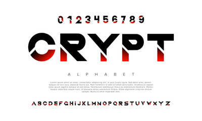 Crypt creative modern geometric urban alphabet font. Digital abstract futuristic, game, techno, robot, music, logo, sport, minimal technology typography. Simple numeric vector illustration © designfourmonths