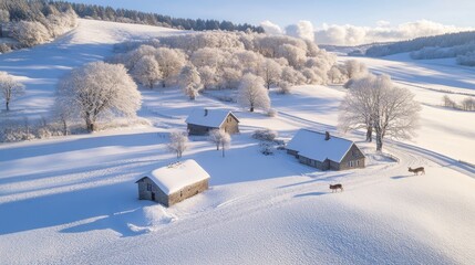 Snowy Winter Landscape with Three Cottages and Deer