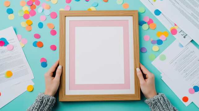 Hands holding a certificate surrounded by colorful confetti and documents.