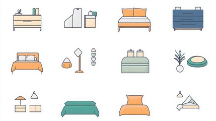 Bedding thin line icon set. such as slippers, bed, pillow, blanket, mattress, duvet, bed frame, sheet 