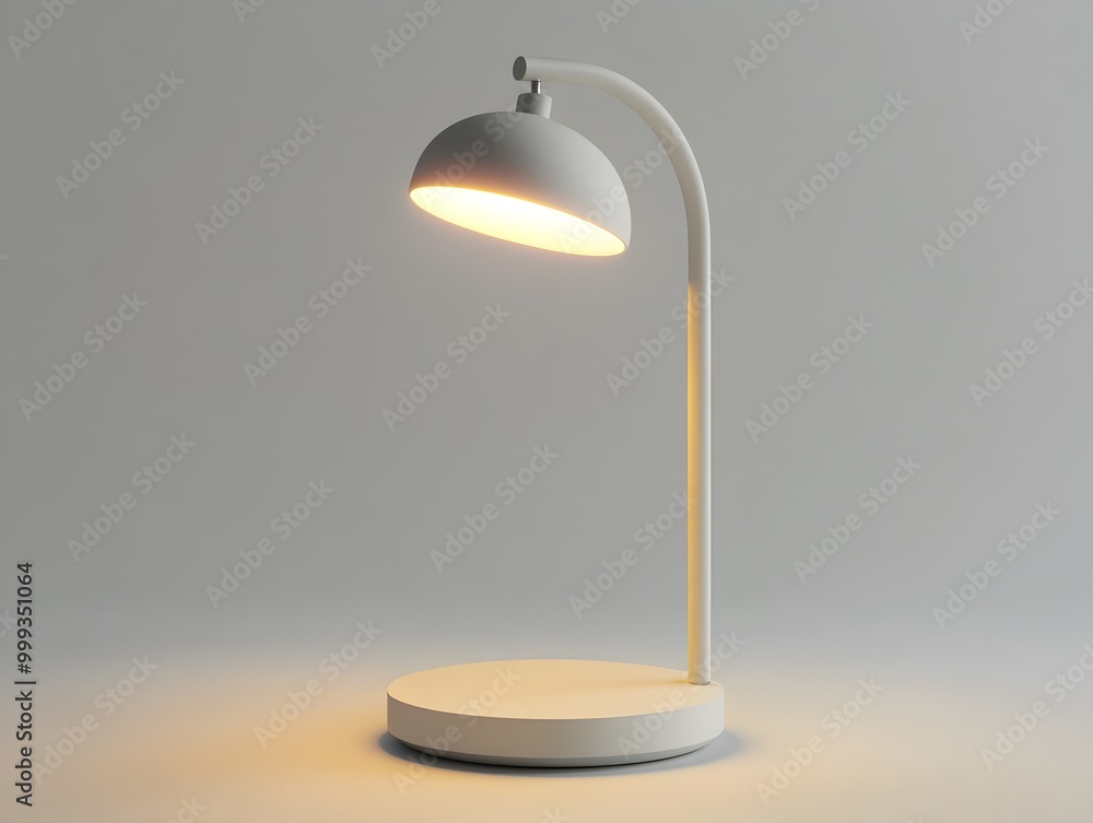 Poster sleek minimalist desk lamp with glowing led light and circular base in bright and airy setting