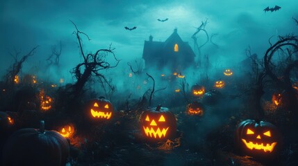 Spooky Halloween Night with Jack-O-Lanterns in a Foggy Forest