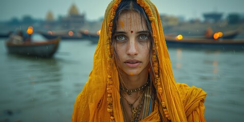 Obraz premium Woman in Yellow Sari on the Ganges