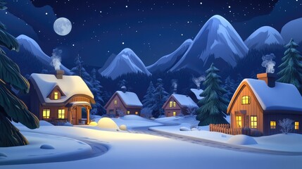 Snowy Mountain Village at Night with Illuminated Windows