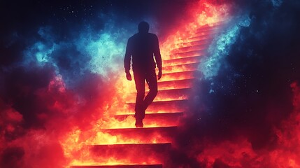 Fototapeta premium A silhouette of a man walking up a staircase of fire in a dark sky.