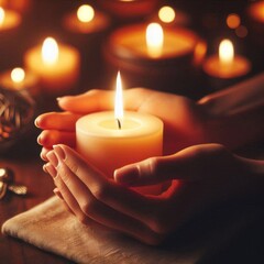 Hands carefully cupped around a lit candle, casting a comforting glow in a serene setting