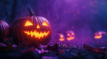 Fototapeta premium Spooky Halloween Pumpkin with Glowing Face in a Foggy Night Setting