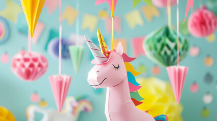 Pink unicorn pinata hanging from string in solid pink banner/card/greeting/poster/party/design/web