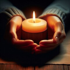 Hands carefully cupped around a lit candle, casting a comforting glow in a serene setting