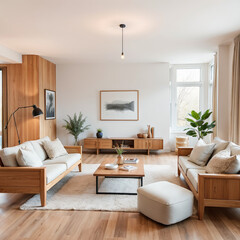 Fototapeta premium Modern Scandinavian living room with wooden furniture and natural light