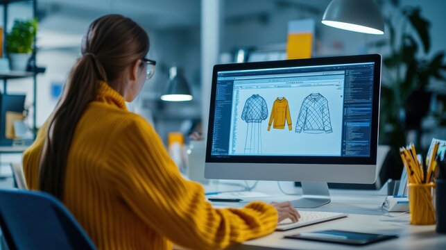 Designer Working on Fashion Illustrations on Computer in Modern Office Environment