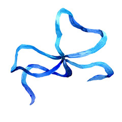 Watercolor hand drawn blue bow with knot isolated on white background. Illustration of textile silk bow-knot, design element. Design for covers, packaging, prints, fabric.