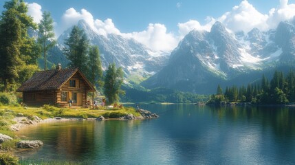 Fototapeta premium Picturesque Cabin by a Serene Mountain Lake