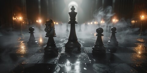 Chess pieces in a smoke filled hall