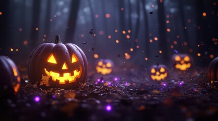 Naklejka premium Spooky Halloween Night with Glowing Jack-o'-Lanterns in a Dark Forest with Falling Leaves and Purple Lights
