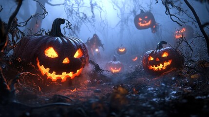 Fototapeta premium Jack-O'-Lanterns Illuminate a Spooky Forest