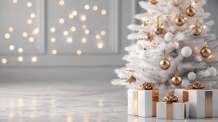 Fototapeta premium Elegant White Christmas Tree with Gold and White Ornaments and Gifts in a Festive Modern Interior