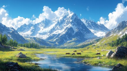 A Tranquil Mountain Valley with a Serene Stream