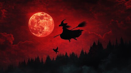 Witch Flying Under Blood Moon
