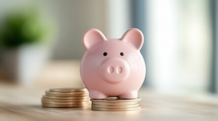 Pink Piggy Bank on Stacked Coins with Money Concept for Saving and Investment