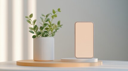 Potted Plant and Smartphone on Wooden Table in Minimalist Home or Office Setting