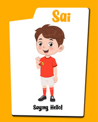 A sports boy cartoon character saying hello vector. Little boy cartoon character waving hi illustration.  © characterbazaar