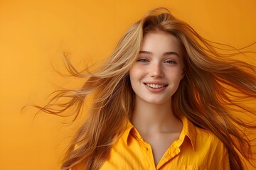 Fototapeta premium Woman with long hair smiling in yellow shirt.