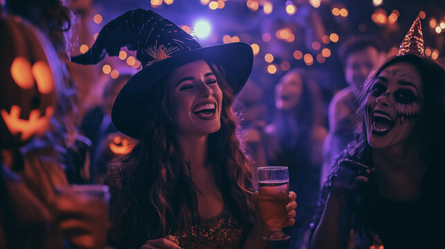 Attractive woman laughing while dancing with friends at Halloween party. The scene is filled with joy, friendship, and the excitement of Halloween. The spooky season together. Generative AI.