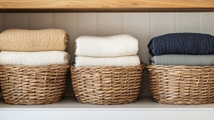 Fototapeta premium A cozy arrangement of neatly folded blankets in woven baskets on a shelf, showcasing a blend of textures and colors, perfect for a warm and inviting home environment.