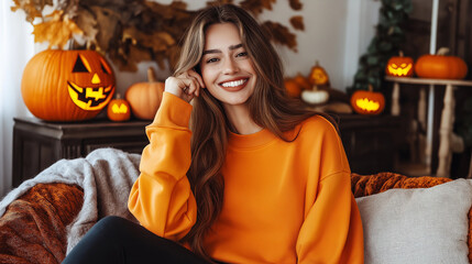 Pretty smiling model dressed with an orange oversized sweater in halloween decorated room. Generative AI.