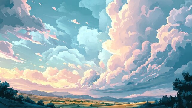 A picturesque landscape with rolling hills, fields, and a dramatic sky filled with fluffy clouds