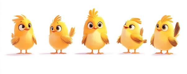 Cute yellow cartoon chick character in various poses on white background