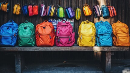 Photograph a collection of colorful and trendy backpacks arranged on a bench, with each bag filled with school supplies and ready for a new school year.