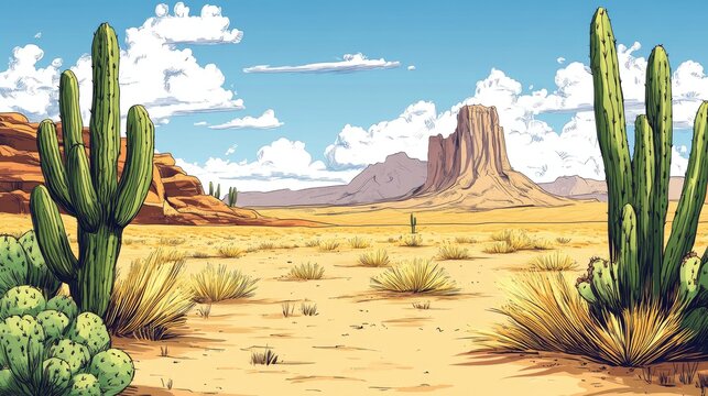 Desert Landscape with Cactus and Mountain in the Background