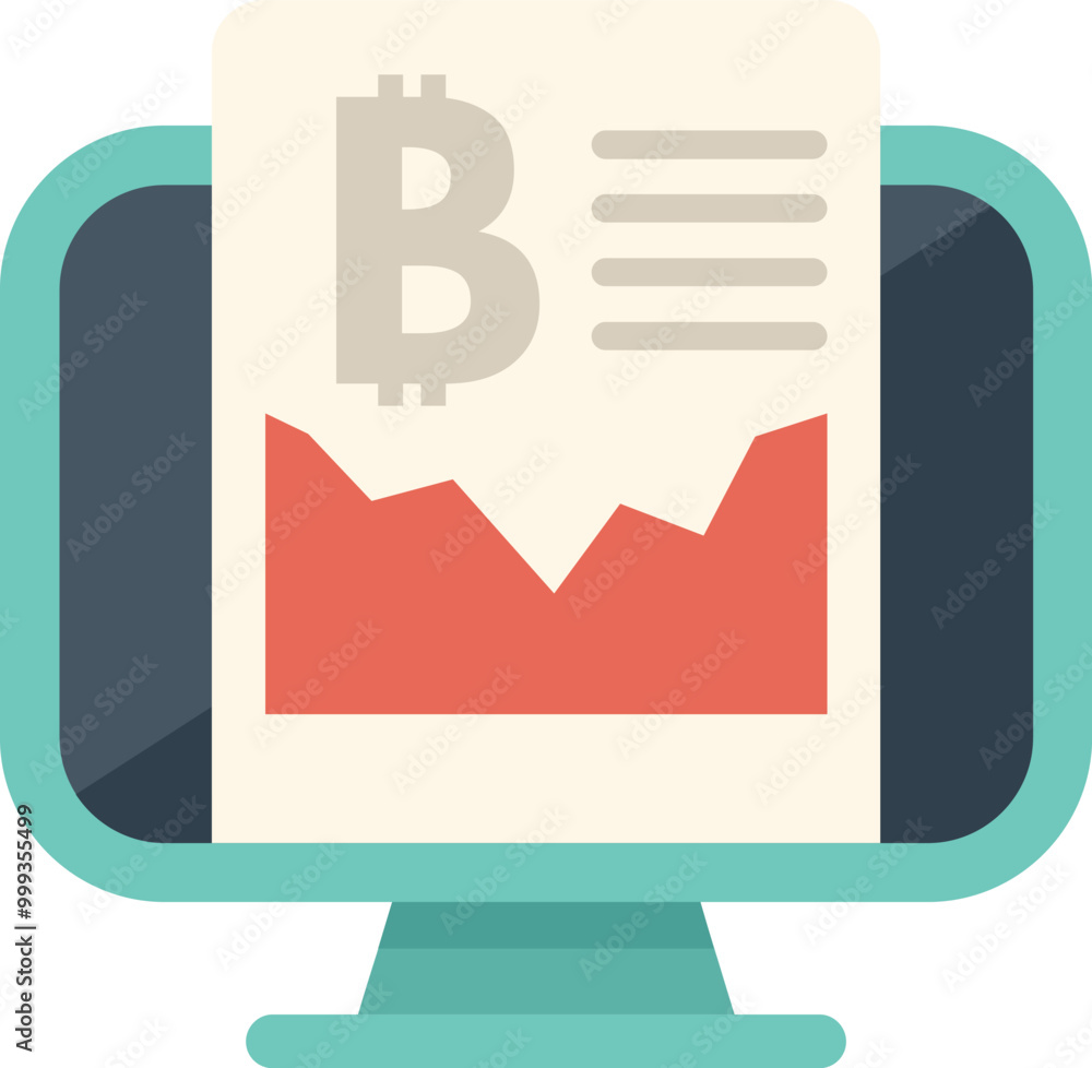 Poster computer screen displaying a document with a bitcoin symbol and a chart showing the fluctuation of i