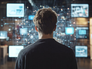 Backview of Caucasian Man technology concept ai generated