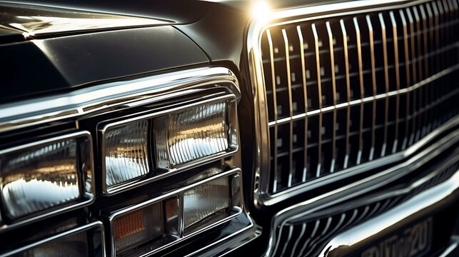 Close-up shot of a 1980s car grille and headlights, with chrome details glistening in the sunlight