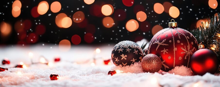 Snowy red and black backdrop, bold Christmas patterns with glowing festive elements, elegant winter holiday design